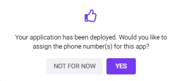 Application deployed successfully message and option to assign a phone number